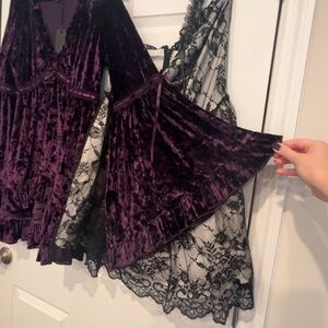Dolls Kill Purple Velvet Style Dress, Giant Bell Sleeve Ruffles